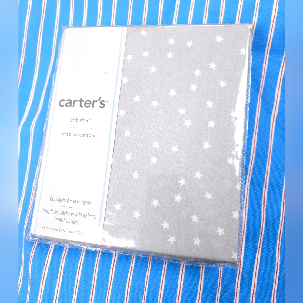Carter's Fitted Crib Sheet Gray White Stars 100% Cotton 28x52 NEW